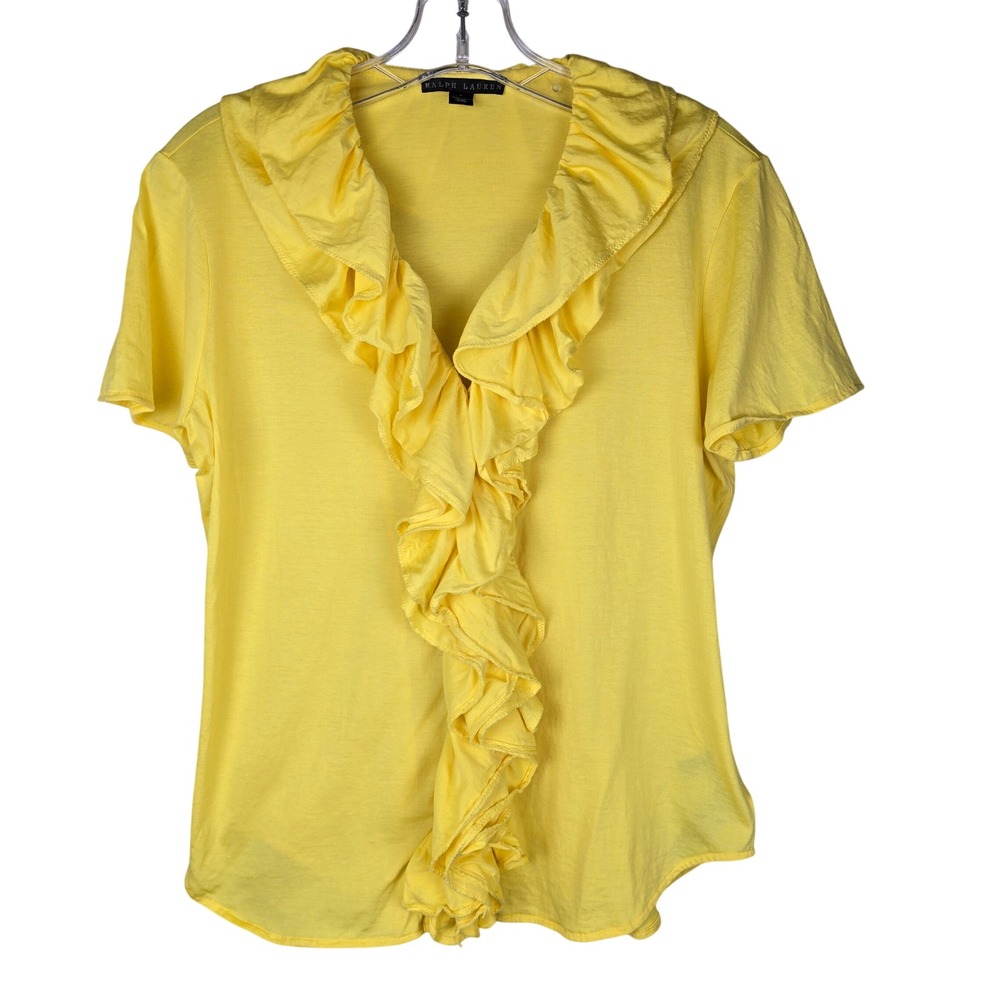 Ralph Lauren Black Label Ruffle Front Short Sleeve Knit Top Yellow L $298 MSRP